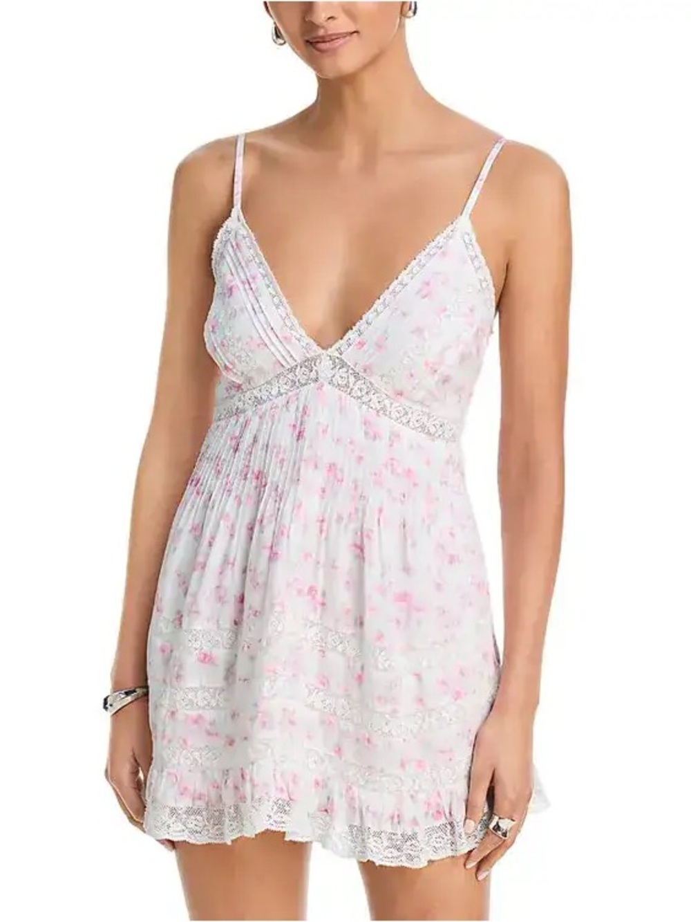 LoveShackFancy White Floral Lace-Trim Mini Dress